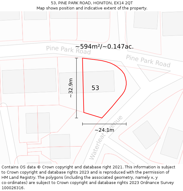 53, PINE PARK ROAD, HONITON, EX14 2QT: Plot and title map