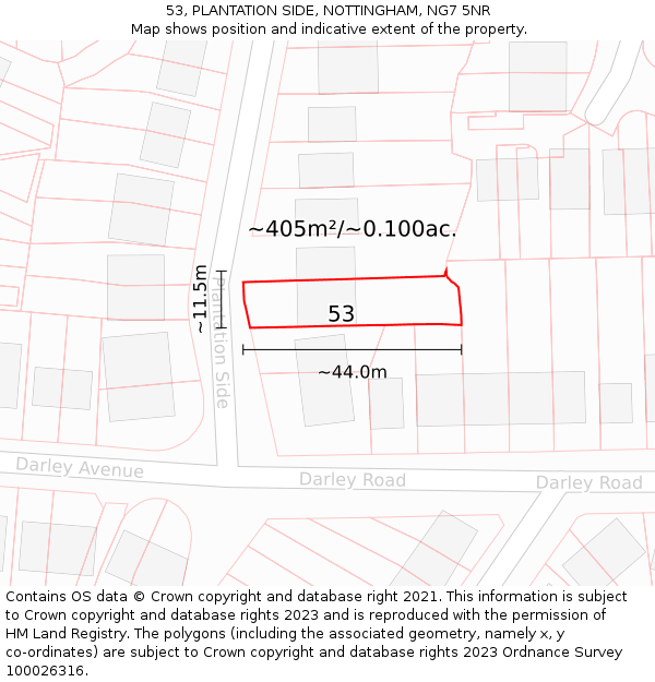 53, PLANTATION SIDE, NOTTINGHAM, NG7 5NR: Plot and title map