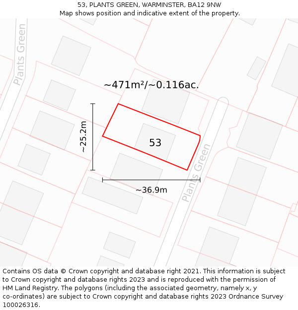 53, PLANTS GREEN, WARMINSTER, BA12 9NW: Plot and title map