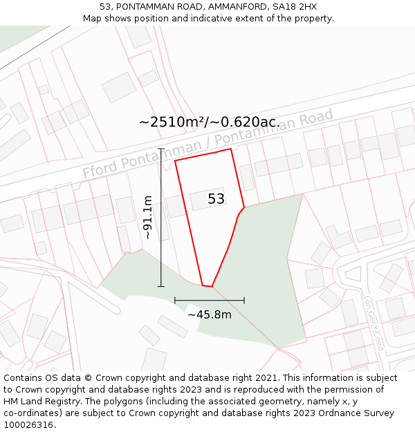 53, PONTAMMAN ROAD, AMMANFORD, SA18 2HX: Plot and title map