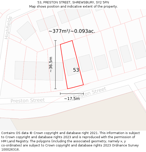 53, PRESTON STREET, SHREWSBURY, SY2 5PN: Plot and title map