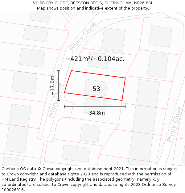 53, PRIORY CLOSE, BEESTON REGIS, SHERINGHAM, NR26 8SL: Plot and title map