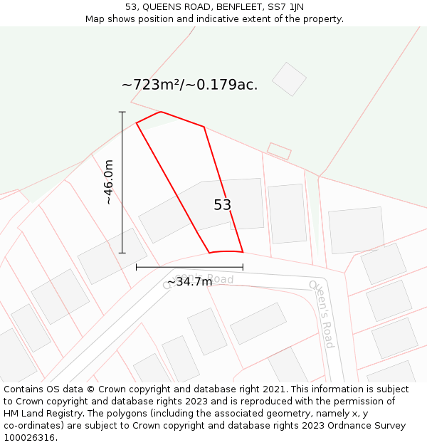 53, QUEENS ROAD, BENFLEET, SS7 1JN: Plot and title map