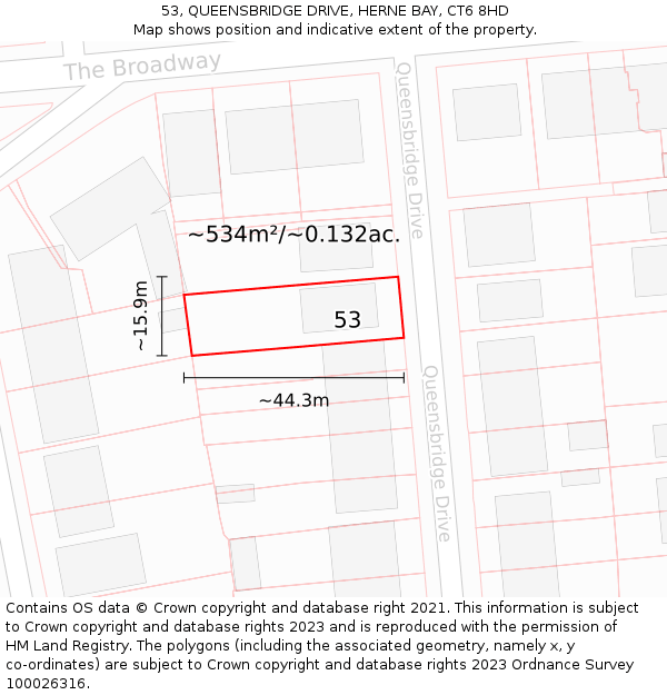 53, QUEENSBRIDGE DRIVE, HERNE BAY, CT6 8HD: Plot and title map