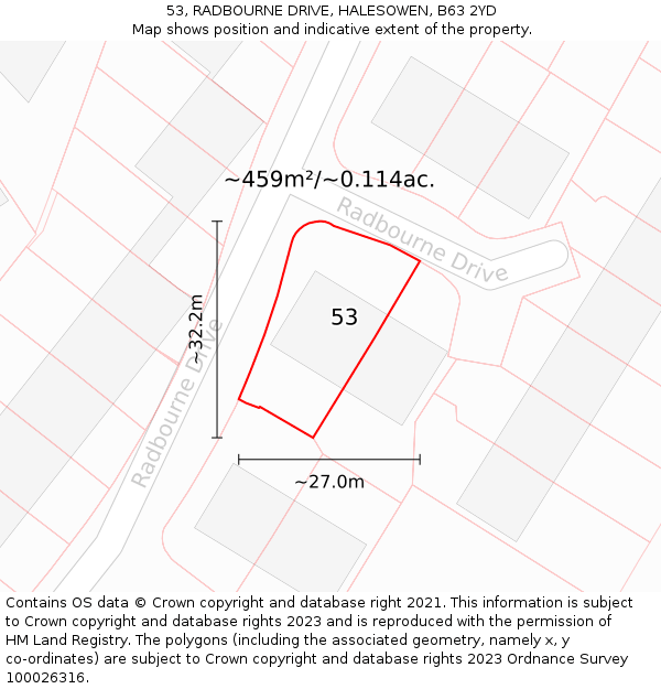 53, RADBOURNE DRIVE, HALESOWEN, B63 2YD: Plot and title map