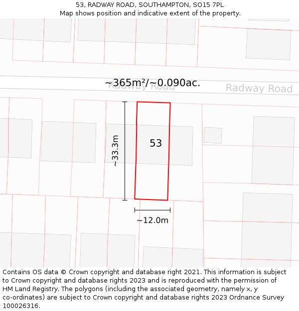 53, RADWAY ROAD, SOUTHAMPTON, SO15 7PL: Plot and title map