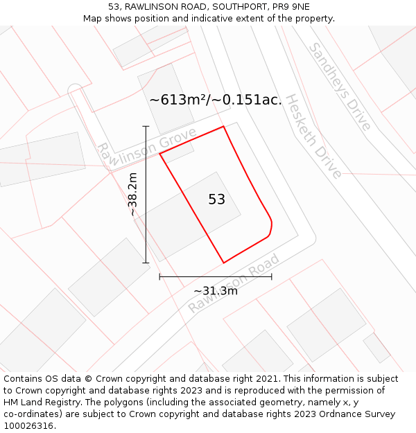 53, RAWLINSON ROAD, SOUTHPORT, PR9 9NE: Plot and title map