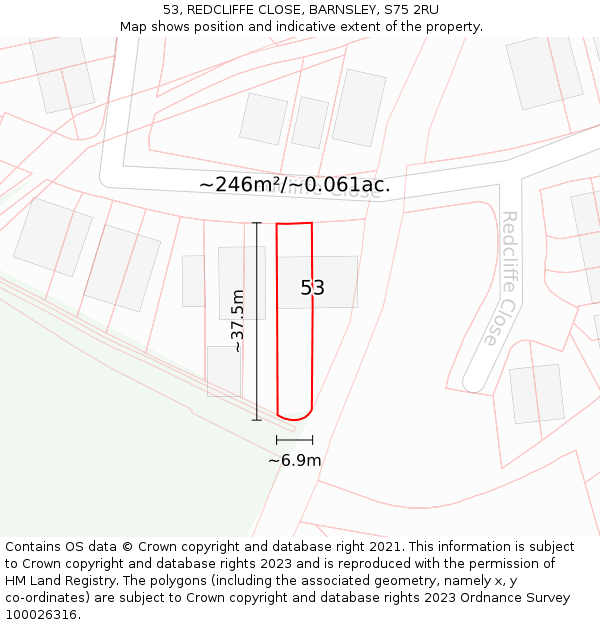 53, REDCLIFFE CLOSE, BARNSLEY, S75 2RU: Plot and title map