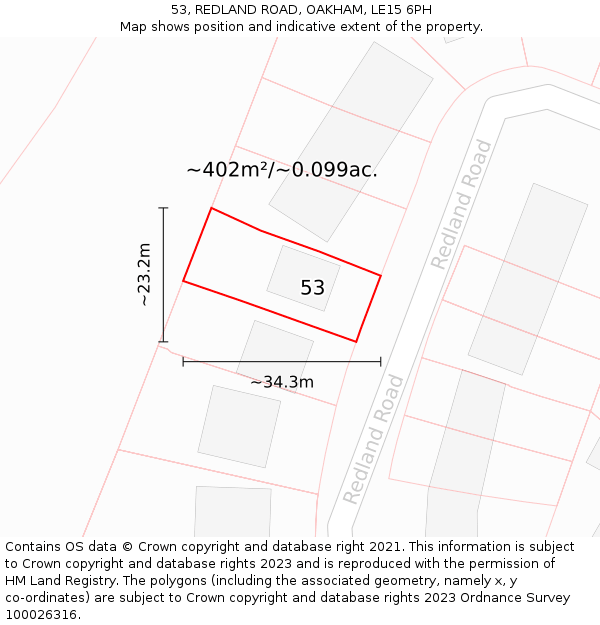 53, REDLAND ROAD, OAKHAM, LE15 6PH: Plot and title map