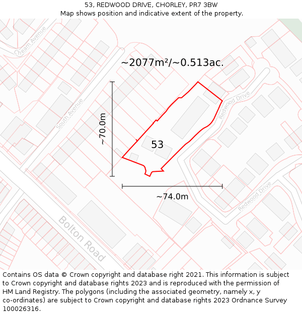 53, REDWOOD DRIVE, CHORLEY, PR7 3BW: Plot and title map