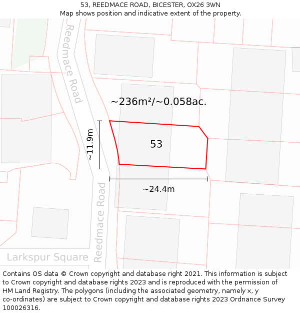 53, REEDMACE ROAD, BICESTER, OX26 3WN: Plot and title map