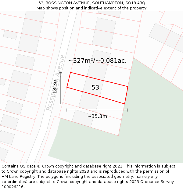 53, ROSSINGTON AVENUE, SOUTHAMPTON, SO18 4RQ: Plot and title map