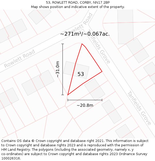 53, ROWLETT ROAD, CORBY, NN17 2BP: Plot and title map