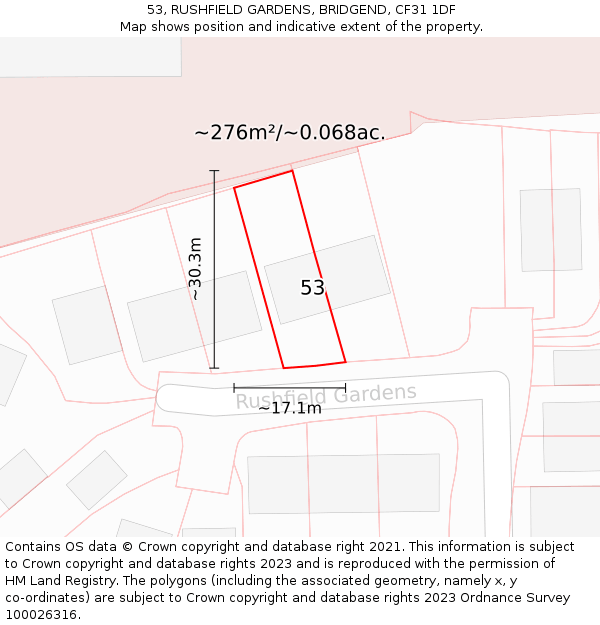 53, RUSHFIELD GARDENS, BRIDGEND, CF31 1DF: Plot and title map