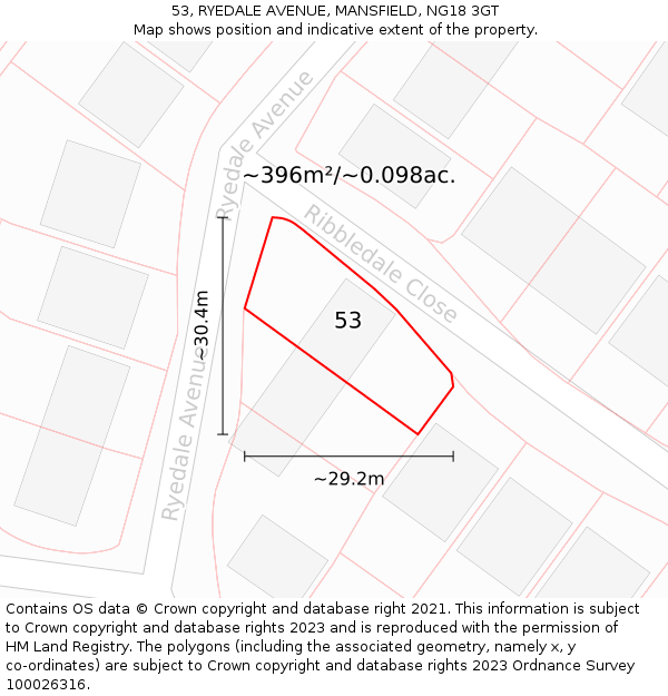 53, RYEDALE AVENUE, MANSFIELD, NG18 3GT: Plot and title map