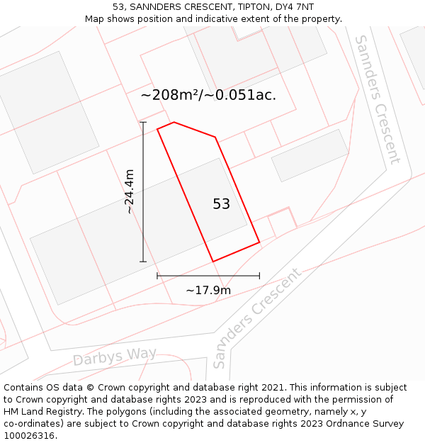 53, SANNDERS CRESCENT, TIPTON, DY4 7NT: Plot and title map