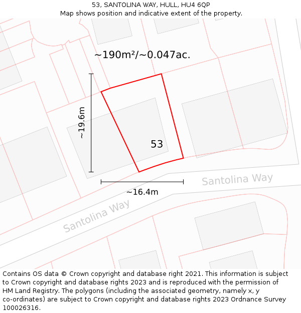 53, SANTOLINA WAY, HULL, HU4 6QP: Plot and title map