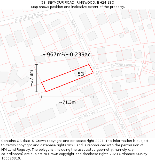 53, SEYMOUR ROAD, RINGWOOD, BH24 1SQ: Plot and title map