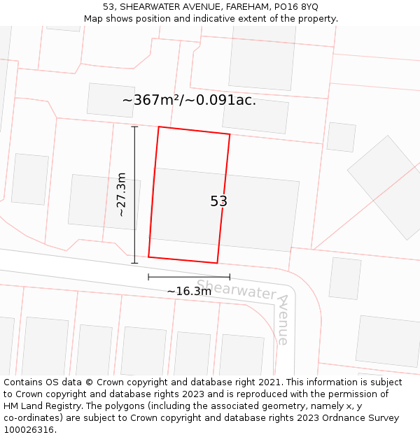 53, SHEARWATER AVENUE, FAREHAM, PO16 8YQ: Plot and title map