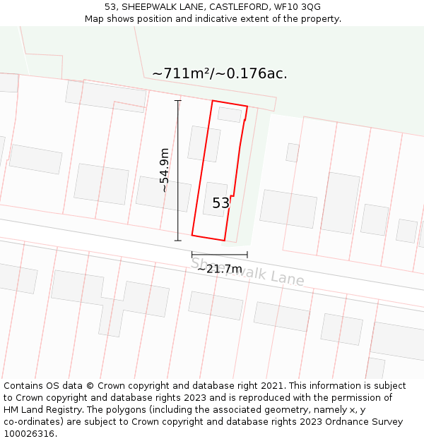 53, SHEEPWALK LANE, CASTLEFORD, WF10 3QG: Plot and title map