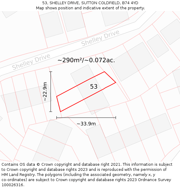 53, SHELLEY DRIVE, SUTTON COLDFIELD, B74 4YD: Plot and title map