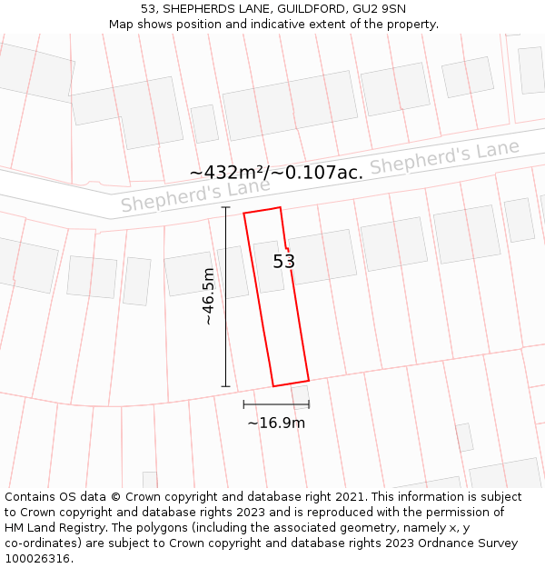 53, SHEPHERDS LANE, GUILDFORD, GU2 9SN: Plot and title map