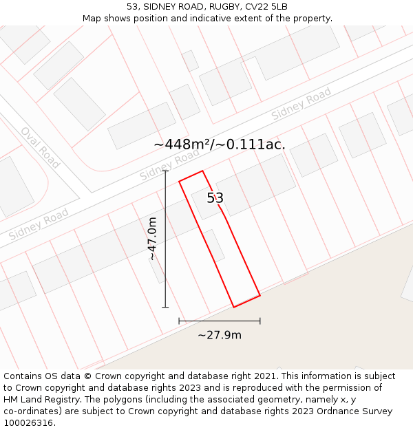 53, SIDNEY ROAD, RUGBY, CV22 5LB: Plot and title map
