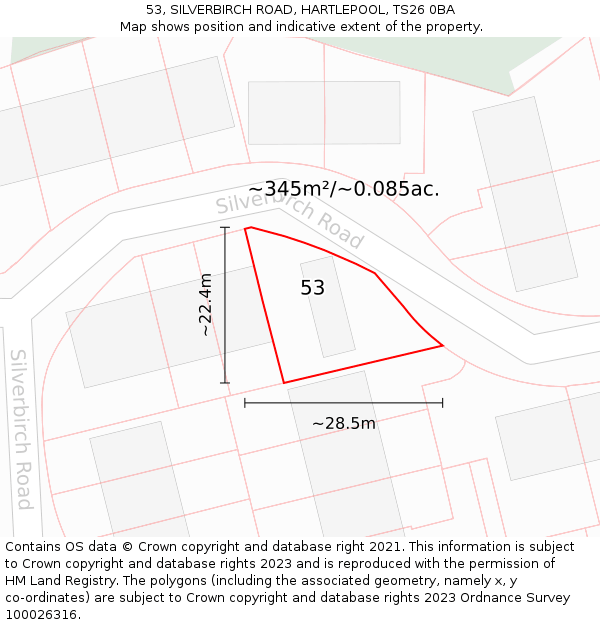 53, SILVERBIRCH ROAD, HARTLEPOOL, TS26 0BA: Plot and title map