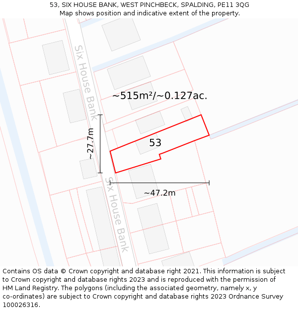 53, SIX HOUSE BANK, WEST PINCHBECK, SPALDING, PE11 3QG: Plot and title map