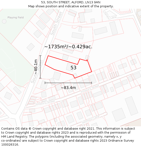 53, SOUTH STREET, ALFORD, LN13 9AN: Plot and title map