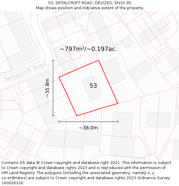 53, SPITALCROFT ROAD, DEVIZES, SN10 3FJ: Plot and title map