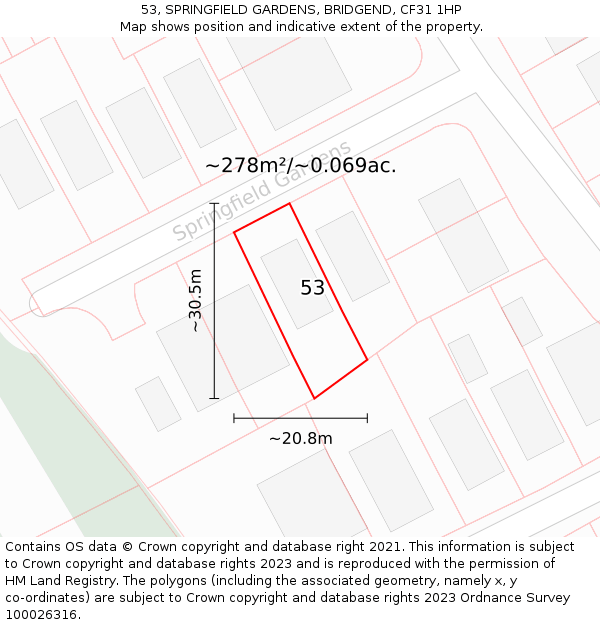 53, SPRINGFIELD GARDENS, BRIDGEND, CF31 1HP: Plot and title map