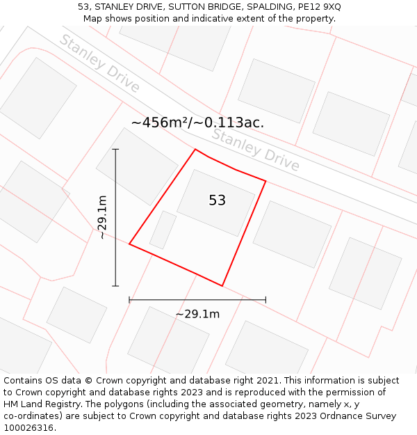 53, STANLEY DRIVE, SUTTON BRIDGE, SPALDING, PE12 9XQ: Plot and title map