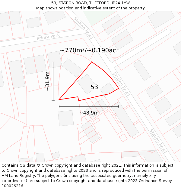 53, STATION ROAD, THETFORD, IP24 1AW: Plot and title map