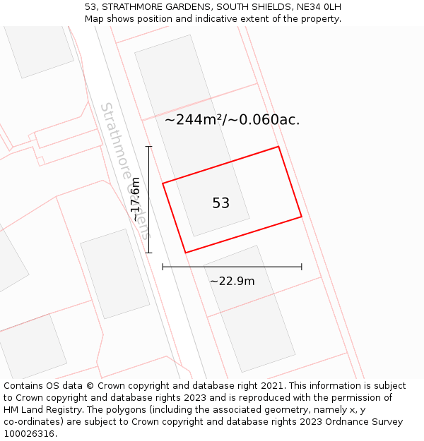 53, STRATHMORE GARDENS, SOUTH SHIELDS, NE34 0LH: Plot and title map