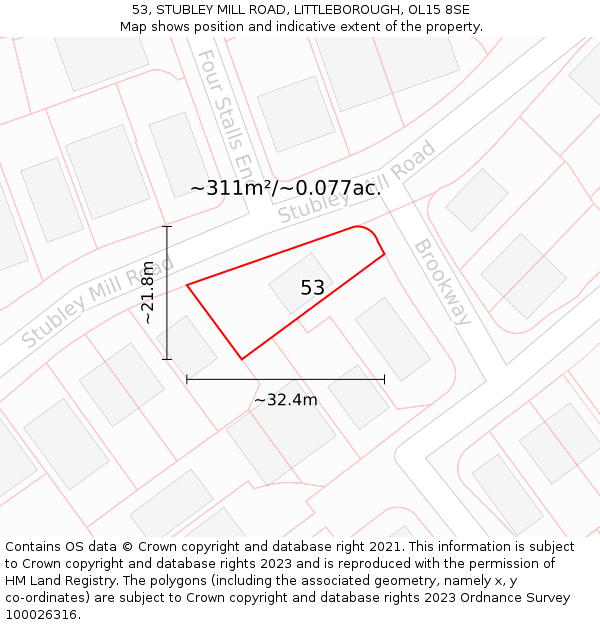 53, STUBLEY MILL ROAD, LITTLEBOROUGH, OL15 8SE: Plot and title map