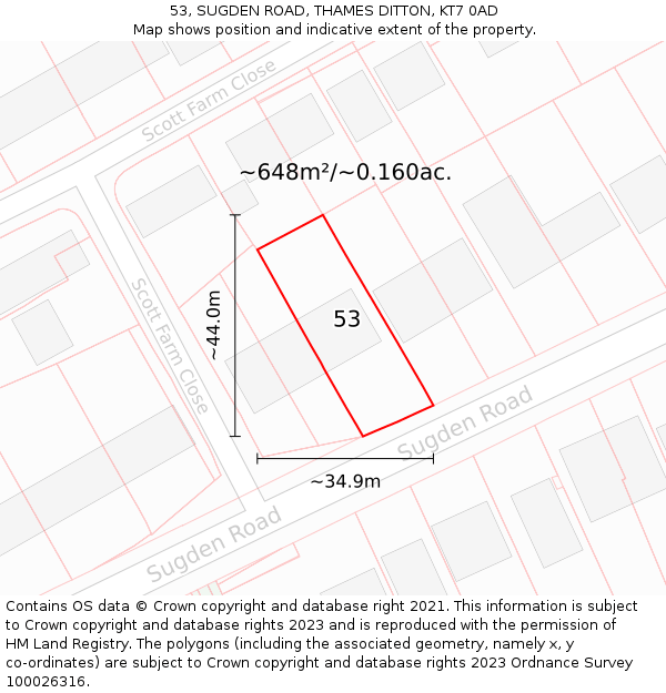 53, SUGDEN ROAD, THAMES DITTON, KT7 0AD: Plot and title map