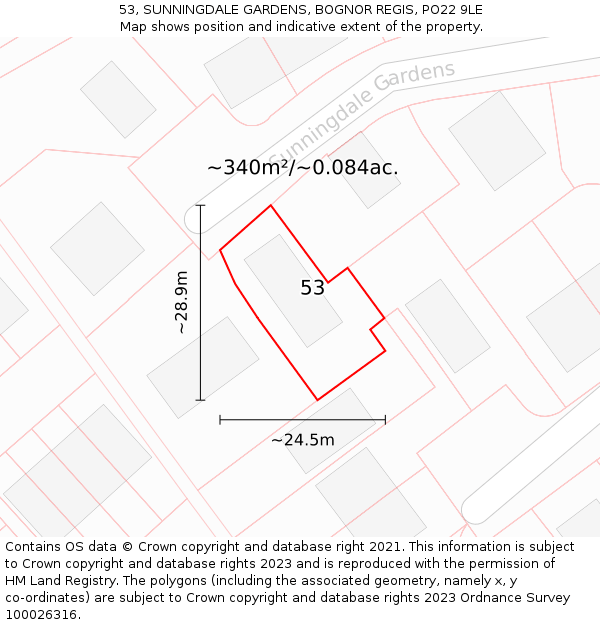 53, SUNNINGDALE GARDENS, BOGNOR REGIS, PO22 9LE: Plot and title map