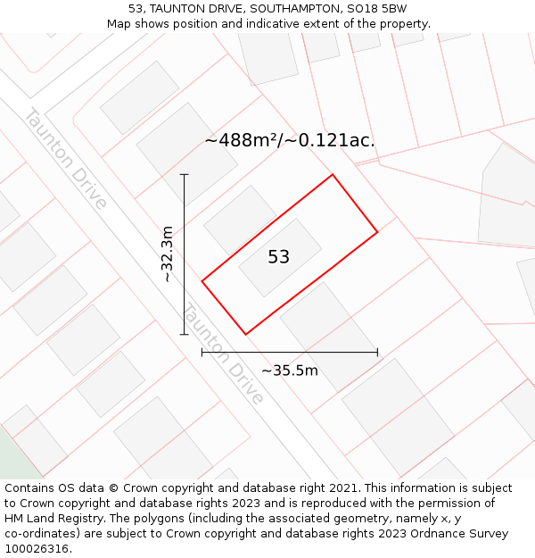 53, TAUNTON DRIVE, SOUTHAMPTON, SO18 5BW: Plot and title map