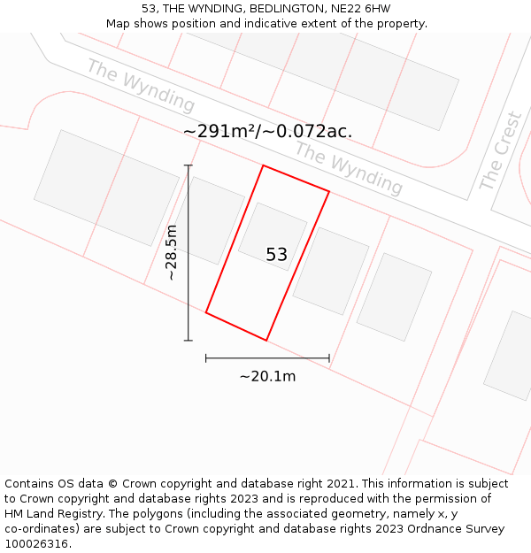 53, THE WYNDING, BEDLINGTON, NE22 6HW: Plot and title map