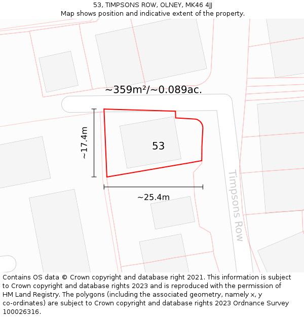 53, TIMPSONS ROW, OLNEY, MK46 4JJ: Plot and title map