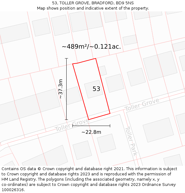 53, TOLLER GROVE, BRADFORD, BD9 5NS: Plot and title map