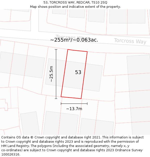 53, TORCROSS WAY, REDCAR, TS10 2SQ: Plot and title map