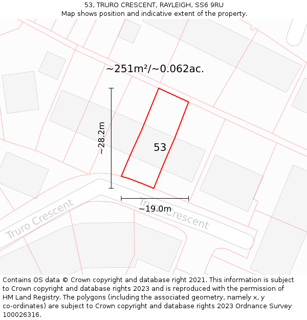 53, TRURO CRESCENT, RAYLEIGH, SS6 9RU: Plot and title map