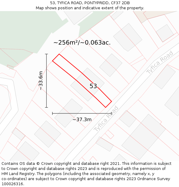 53, TYFICA ROAD, PONTYPRIDD, CF37 2DB: Plot and title map