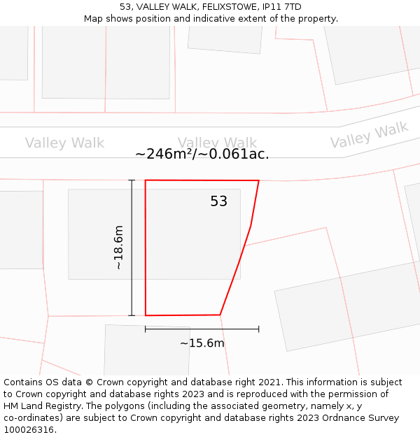 53, VALLEY WALK, FELIXSTOWE, IP11 7TD: Plot and title map