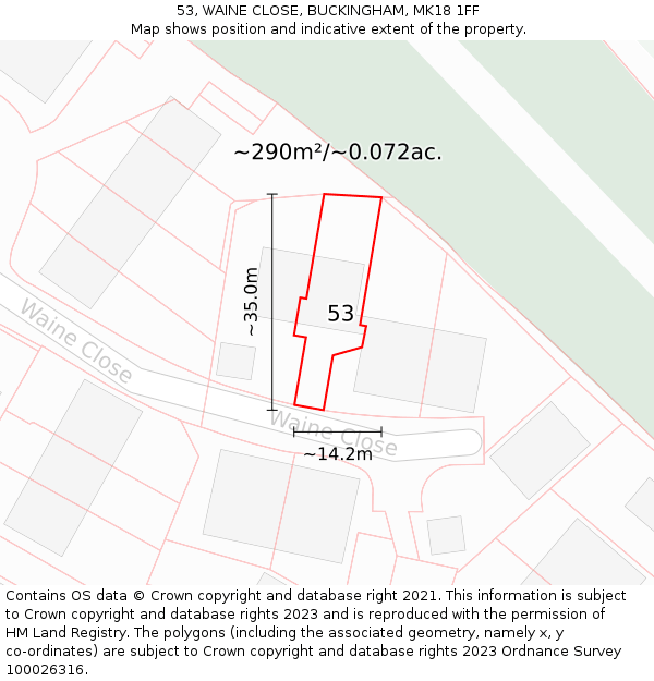 53, WAINE CLOSE, BUCKINGHAM, MK18 1FF: Plot and title map