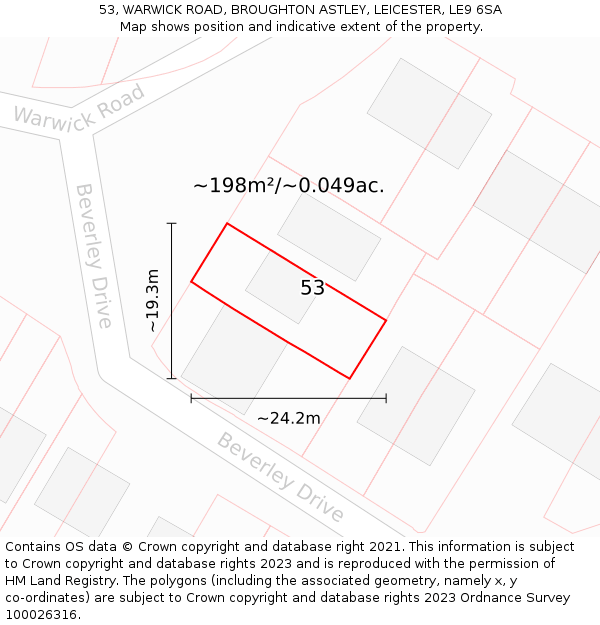 53, WARWICK ROAD, BROUGHTON ASTLEY, LEICESTER, LE9 6SA: Plot and title map