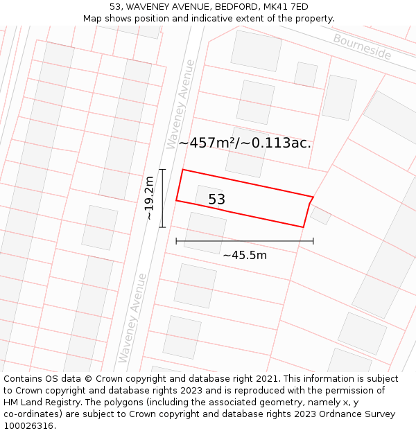 53, WAVENEY AVENUE, BEDFORD, MK41 7ED: Plot and title map