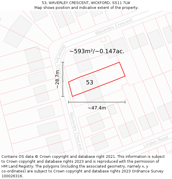 53, WAVERLEY CRESCENT, WICKFORD, SS11 7LW: Plot and title map